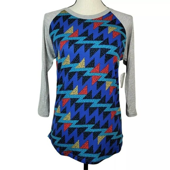 Lularoe Randy Raglan Shirt Womens Sz XS Blue Gray Geometric Knit Tshirt Top‎ - Picture 1 of 7